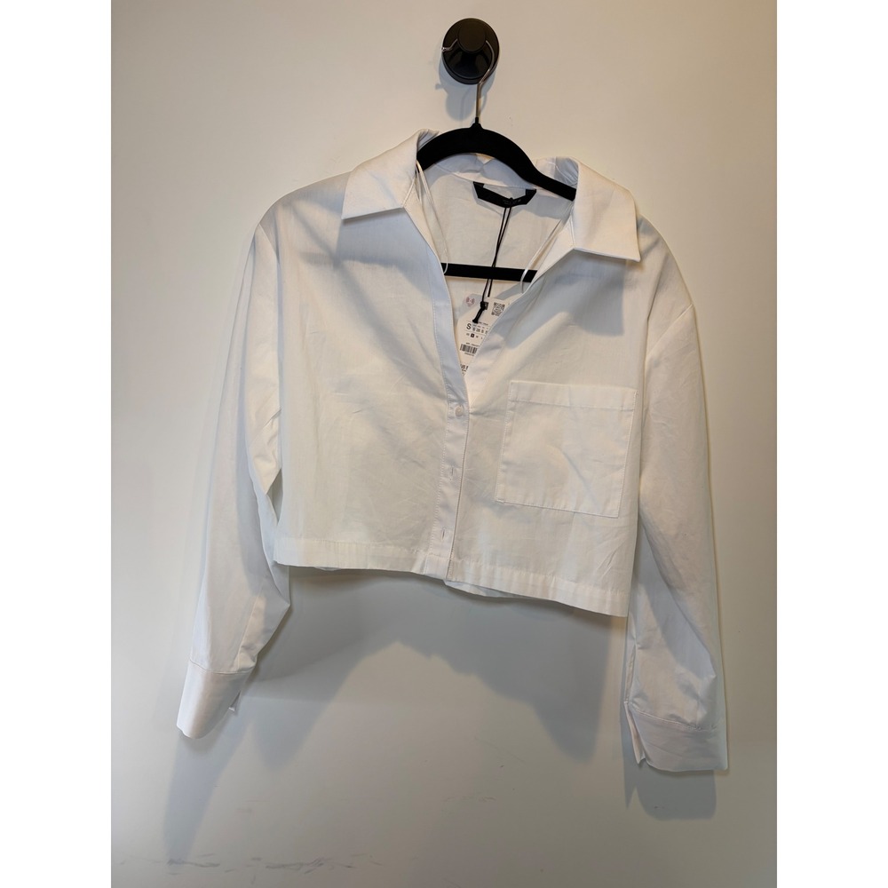 Zara Womens White Cropped Poplin Button Up Shirt Long Sleeve Blouse Size S NEW